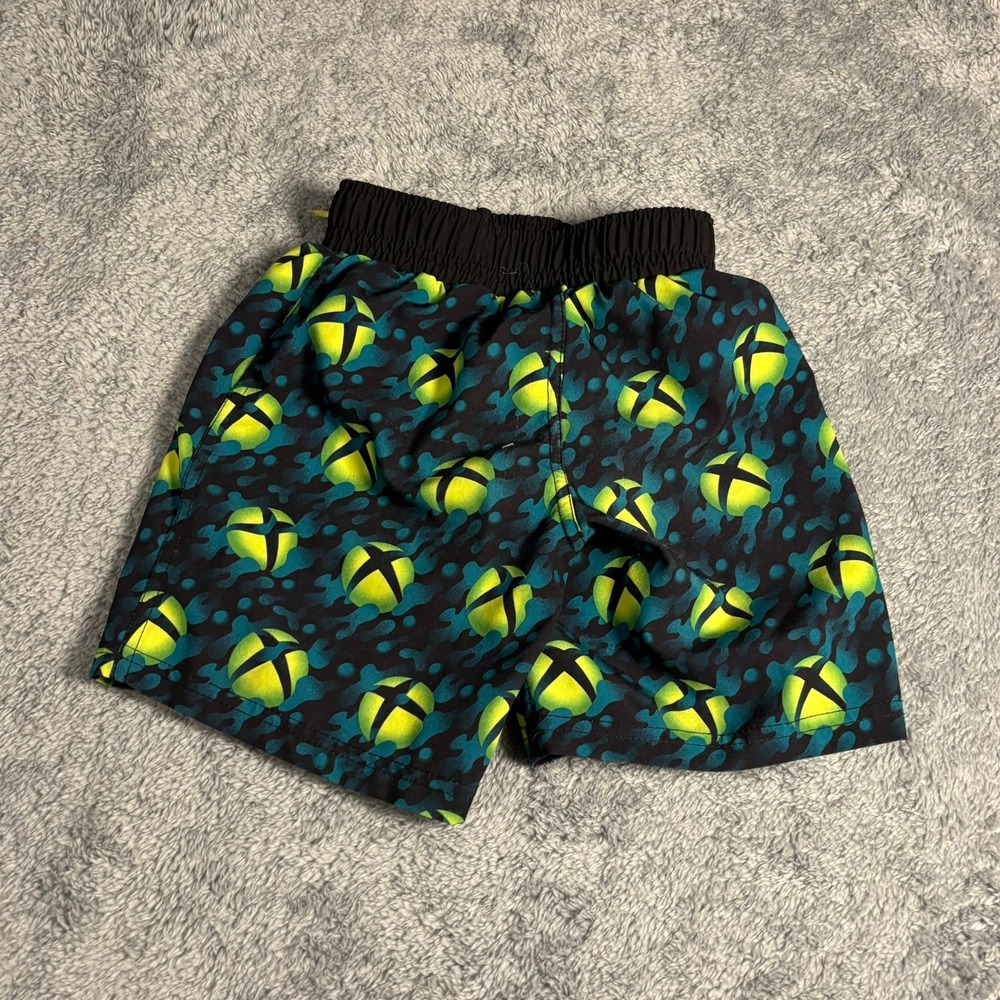 Xbox Boys Swim Trunks Black Teal Logo Print Mesh Lined Board Shorts Size XS 4/5